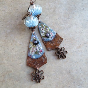 Darling Denim Daisies ... Artisan Handpainted Enameled Copper and Blossom Lampwork Earrings. Handcrafted Spring Pastel Floral Boho Earrings. image 1