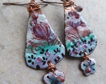Spring Tulips ... Artisan-made Enameled Charms, Enameled Copper Headpins and Copper Wire-Wrapped Boho, Floral, Flower, Woodland Earrings