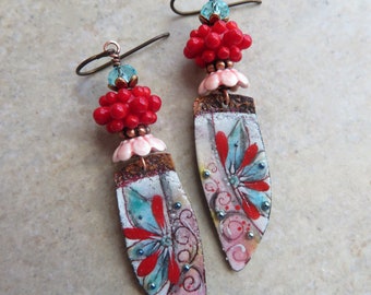 Rare Exotics ... Artisan Handpainted Enameled Copper and Glass Lampwork Earrings. Handcrafted Floral Boho Earrings. Mother's Day Gift.