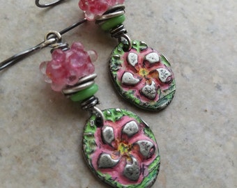 Mandevilla ... Artisan Pewter and Glass Lampwork Floral Earrings. Handcrafted Floral Boho Earrings. Cherry Blossom Earrings. Wildflower.