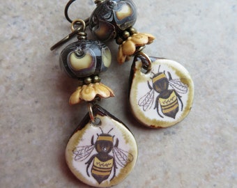 The Buzz ... Artisan Ceramic and Lampwork Bee Earrings. Boho Honeybee Earrings. Shabby Chic Beekeeper Earrings. Apiarist. Honey Bee. Rustic.