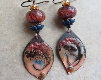 Eye of the Beholder ... Artisan Enameled Copper and Glass Lampwork Earrings. Handcrafted Abstract Boho Earrings. Handmade Organic Earrings.