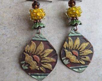 Sunflower Love ... Artisan Hand-Painted Copper and Lampwork Sunflower Earrings. Handcrafted Floral Earrings. Handmade Boho Flower Earrings.