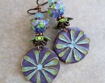 Flower Power ... Artisan Enamel and Lampwork Glass Earrings. Artisan Boho Earrings. Retro 60s 70s Floral Earrings. Hippie Flower Earrings.