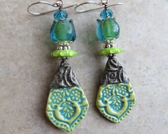 Sweet Summertime ... Artisan Porcelain with Tinwork and Glass Lampwork Earrings. Handcrafted Lime and Aqua Floral Earrings. Art Nouveau.