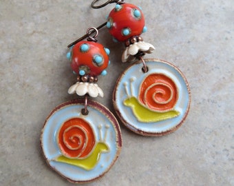 Slow & Steady ... Artisan Ceramic and Glass Lampwork Earrings. Whimsical Snail Earrings. Boho. Rustic. Earthy. Shabby Chic. Slug. Snail.