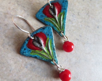 Tulips are Red ... Artisan Pewter Flower and Lampwork Drop Earrings. Handcrafted Petite, Lightweight Boho Earrings. Mother's Day Gift.