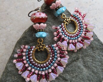 Wish Upon a Star ... Artisan Handstitched Seed Bead and Lampwork Earrings. Boho Dangle Earrings. Whimsical Pink and Blue Hippie Earrings.