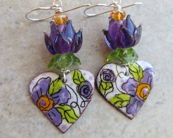 Hearts & Flowers ... Artisan Enameled Copper and Floral Lampwork Earrings. Heart and Flower Earrings. Love and Friendship Earrings.