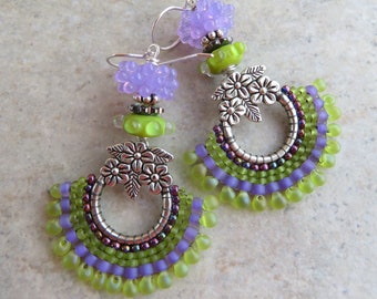 Sweet Violets ... Artisan Handstitched Beaded Charm and Glass Lampwork Earrings. Handcrafted Boho Dangle Earrings. Spring Floral Earrings.