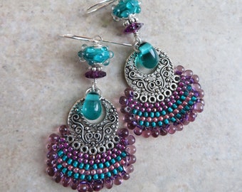 Jewel in the Crown ... Artisan Handstitched Seed Bead and Lampwork Earrings. Boho Dangle Earrings. Purple and Green Gypsy Earrings. Hippie.