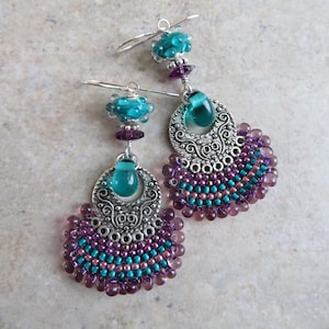 Jewel in the Crown ... Artisan Handstitched Seed Bead and Lampwork Earrings. Boho Dangle Earrings. Purple and Green Gypsy Earrings. Hippie.