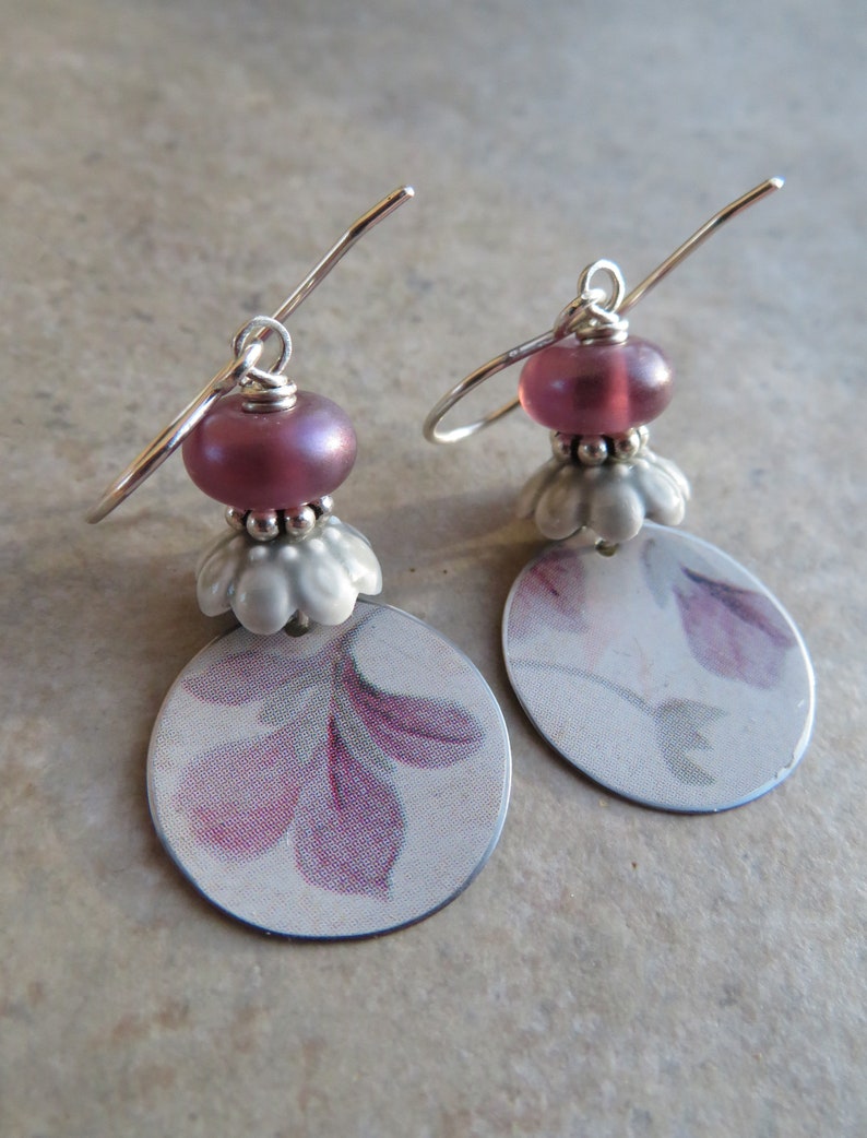 Petal Soft ... Reclaimed Vintage Tin and Artisan Lampwork Earrings. Art Nouveau Floral Earrings. Artisan Upcycled Flower Earrings. Pastel. image 3