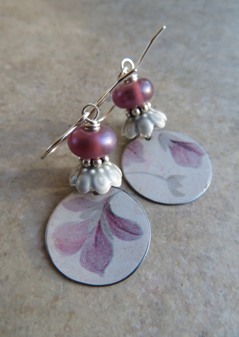 Petal Soft ... Reclaimed Vintage Tin and Artisan Lampwork Earrings. Art Nouveau Floral Earrings. Artisan Upcycled Flower Earrings. Pastel. image 2
