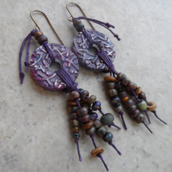 Earthy Eggplant ... Polymer Clay and Picasso Czech Glass Tassel Boho, Earthy Earrings