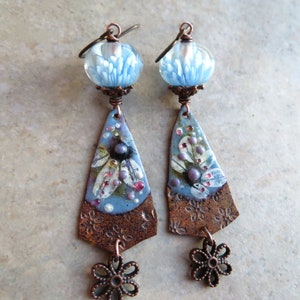 Darling Denim Daisies ... Artisan Handpainted Enameled Copper and Blossom Lampwork Earrings. Handcrafted Spring Pastel Floral Boho Earrings. image 2