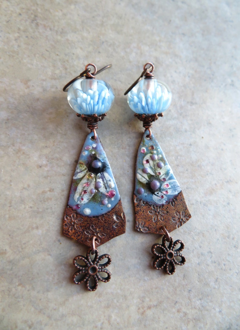 Darling Denim Daisies ... Artisan Handpainted Enameled Copper and Blossom Lampwork Earrings. Handcrafted Spring Pastel Floral Boho Earrings. image 2