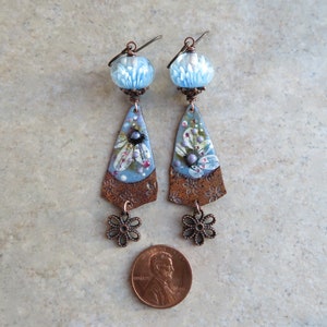 Darling Denim Daisies ... Artisan Handpainted Enameled Copper and Blossom Lampwork Earrings. Handcrafted Spring Pastel Floral Boho Earrings. image 4