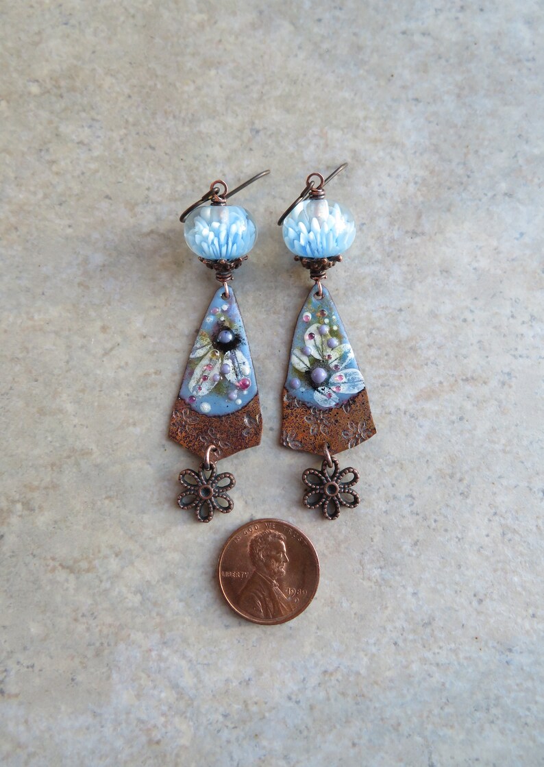 Darling Denim Daisies ... Artisan Handpainted Enameled Copper and Blossom Lampwork Earrings. Handcrafted Spring Pastel Floral Boho Earrings. image 4