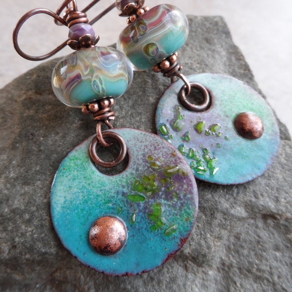 Down Deep ... Artisan-Made Enameled Copper, Lampwork and Copper Wire-Wrapped Rustic, Boho, Beachy Earrings
