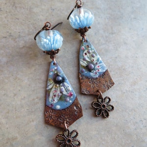 Darling Denim Daisies ... Artisan Handpainted Enameled Copper and Blossom Lampwork Earrings. Handcrafted Spring Pastel Floral Boho Earrings. image 3