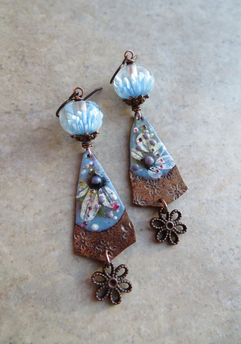 Darling Denim Daisies ... Artisan Handpainted Enameled Copper and Blossom Lampwork Earrings. Handcrafted Spring Pastel Floral Boho Earrings. image 3