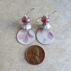 Petal Soft ... Reclaimed Vintage Tin and Artisan Lampwork Earrings. Art Nouveau Floral Earrings. Artisan Upcycled Flower Earrings. Pastel. image 5