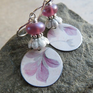 Petal Soft ... Reclaimed Vintage Tin and Artisan Lampwork Earrings. Art Nouveau Floral Earrings. Artisan Upcycled Flower Earrings. Pastel. image 1