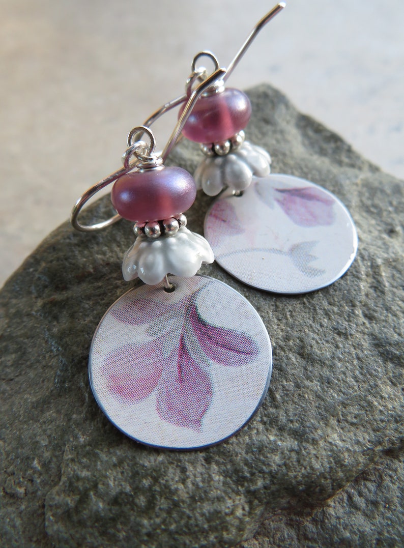 Petal Soft ... Reclaimed Vintage Tin and Artisan Lampwork Earrings. Art Nouveau Floral Earrings. Artisan Upcycled Flower Earrings. Pastel. image 1