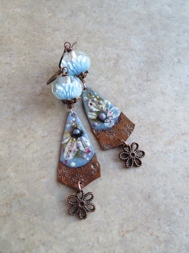 Darling Denim Daisies ... Artisan Handpainted Enameled Copper and Blossom Lampwork Earrings. Handcrafted Spring Pastel Floral Boho Earrings. image 1