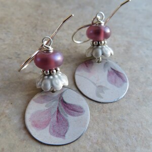 Petal Soft ... Reclaimed Vintage Tin and Artisan Lampwork Earrings. Art Nouveau Floral Earrings. Artisan Upcycled Flower Earrings. Pastel. image 4