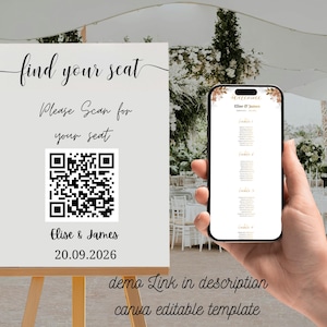 Könnte beinhalten: Ein Hochzeits-Empfangsschild mit dem Text "find your seat" und einem QR-Code. Ein Smartphone zeigt einen Sitzplan an. Das Schild steht auf einer Holzstaffelei. Der Hintergrund zeigt einen dekorierten Empfangssaal.