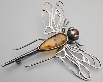 STG silver 925 dragonfly  minimalist cutwork amber brooch.