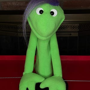 May include: Green puppet with a purple and white mohawk, black eyes, and a wide smile. The puppet is sitting on a black base.
