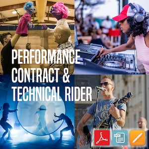 May include: A collage of images showcasing different types of performances. The top left image shows two puppets, one blue and one pink, being manipulated by two people. The top right image shows a woman with a red baseball cap and headphones, using a DJ mixer. The bottom left image shows three people performing with a large hoop. The bottom right image shows a man playing a guitar with a microphone in front of him. The text "PERFORMANCE CONTRACT & TECHNICAL RIDER" is displayed in the center of the collage.
