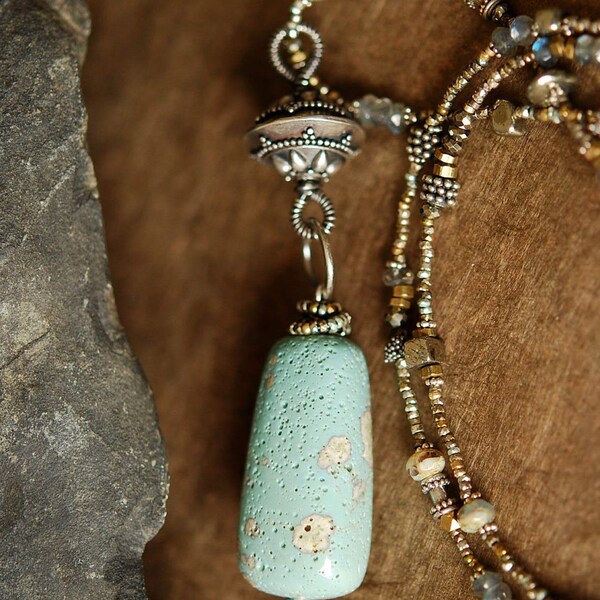 Long Beaded Necklace, Artisan, Antique Beads, Labradorite, Gemstone, Sterling Silver, Reclaimed