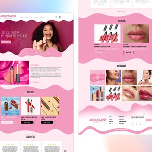 Puede incluir: Página de inicio del sitio web de Just Lips Beauty, una empresa que vende brillo de labios. El sitio web presenta un esquema de color rosa y blanco con imágenes de brillo de labios y modelos que usan brillo de labios. El sitio web también incluye una sección para reseñas de clientes y un blog.