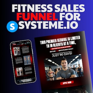 以下が含まれることがあります： フィットネスプログラムのプロモーション画像。画像には、ビフォーアフターの写真が表示されたスマートフォンと、「FITNESS SALES FUNNEL FOR SYSTEME.IO」というテキストのチラシが写っています。チラシには「このプレミアムサービスは1回あたり18名様に限定」と「わずか90日で！」とも書かれています。