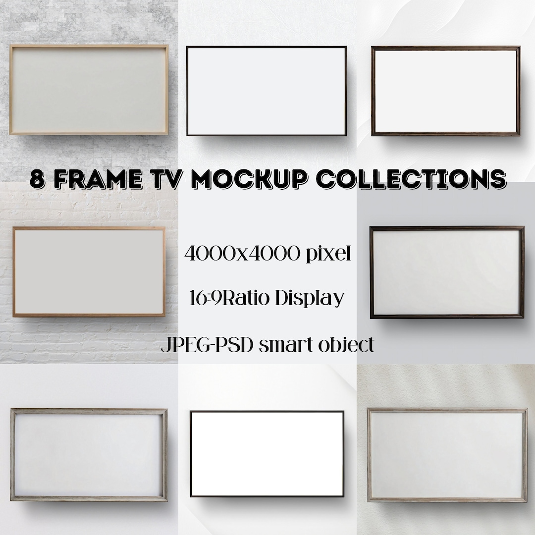 Frame TV Mockup Bundle of 8, JPEG and PSD Smart Object Placement, 16:9 ...