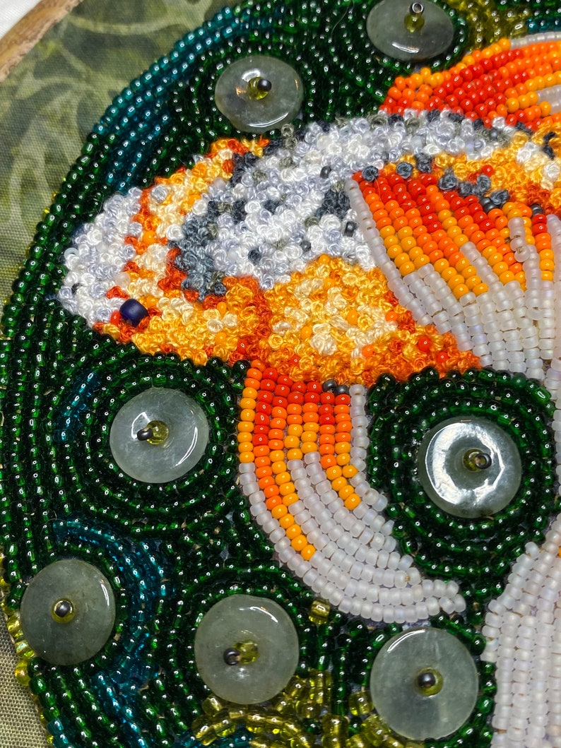 Koi, carp or goldfish Embroidery & Seed Bead Painting wall hanging Hannah Rosner Designs image 3