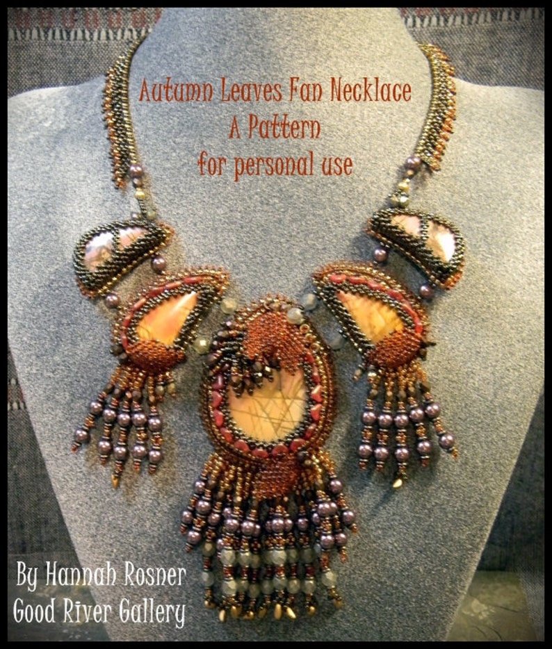 Bead Pattern Autumn Leaves Fan Necklace peyote & bead embroidery beaded neckpiece intermediate tutorial instructions by Hannah Rosner Design image 1