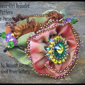 Bead Pattern Wired Ribbon Flower Girl Cuff Bracelet intermediate tutorial instructions - peyote stitch & embroidery beading - Hannah Rosner