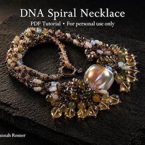 May include: A beaded DNA spiral necklace with a large, iridescent pearl-like bead. The necklace is made of various colored beads, including green, brown, and white. The text "DNA Spiral Necklace" and "PDF Tutorial" are visible.