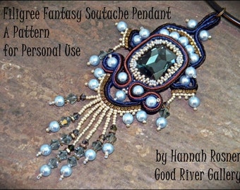 Bead Pattern Soutache Filigree Fantasy Pendant tutorial instructions - intermediate peyote stitch & embroidery beading Hannah Rosner Design