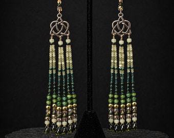 Fringed Celtic Knot Earrings - Seed Beaded Earrings - Extra Long Shoulder Dusters by Hannah Rosner Designs