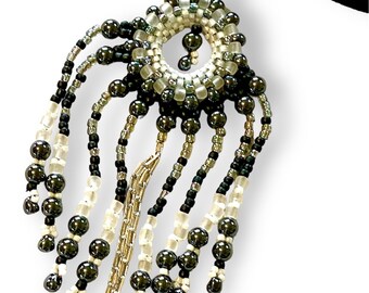 Beaded Pendant Necklace with fringe - Grey, black and white - Peyote Stitch beaded with hematite by Hannah Rosner Designs