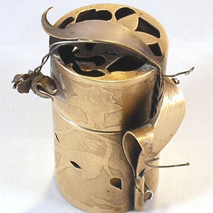 Hannah Rosner Lidded Brass and Sterling Box OOAK Leaf and Bird Motif Etched Metal Vessel with lid image 5