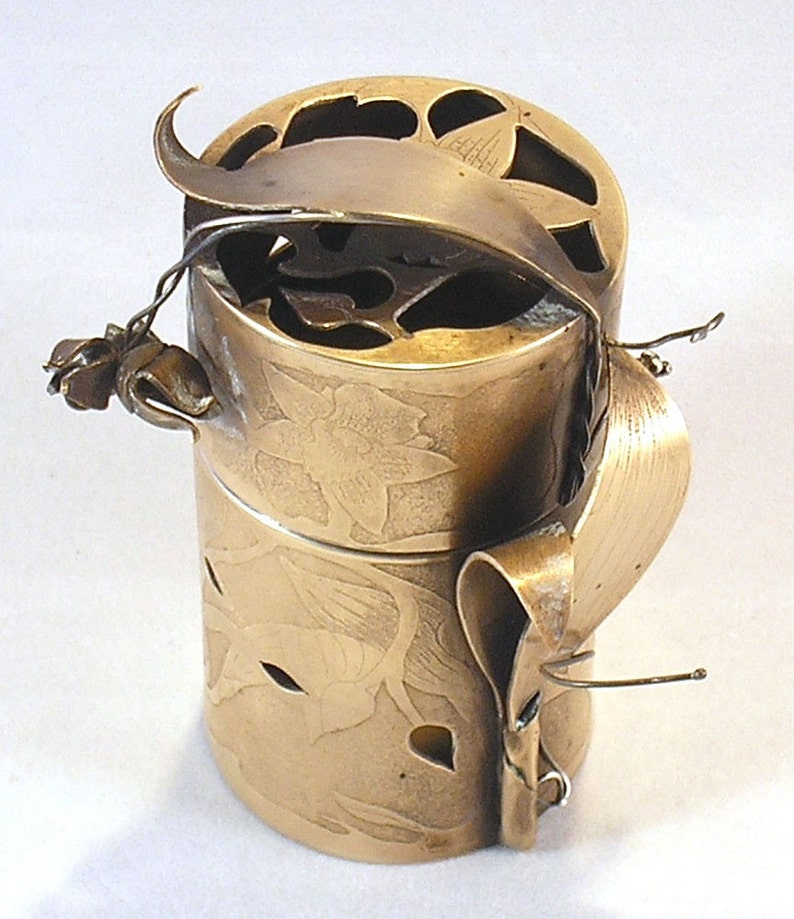 Hannah Rosner Lidded Brass and Sterling Box OOAK Leaf and Bird Motif Etched Metal Vessel with lid image 5