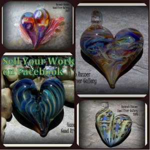 May include: Collage of four glass heart pendants with different colour patterns and designs. The hearts are all made of glass and have a shiny, iridescent finish. The text "Sell Your Work on Facebook" is visible in the centre of the collage.