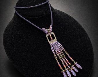 Seed beaded pendant with Japanese Toho Beads and Czech beads by Hannah Rosner Designs